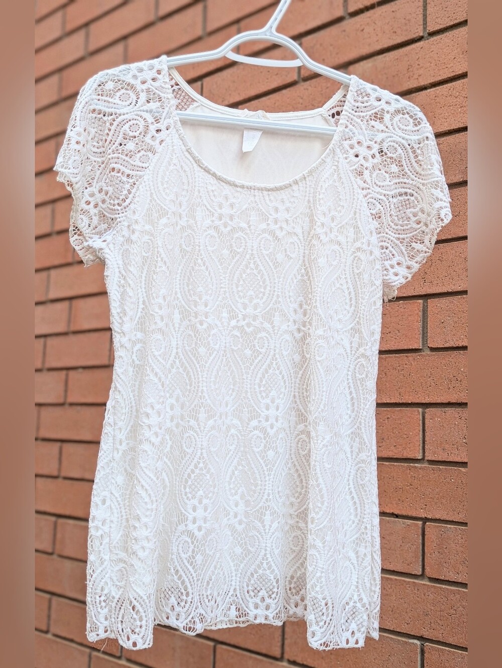 Brittany Black Women's (S/M) Ivory Lace/Crochet Short-Sleeve Lined Tunic Top